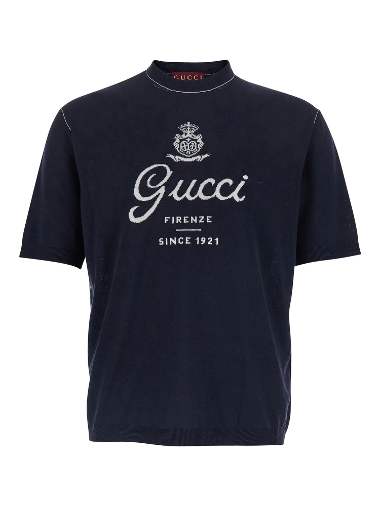 Blue Round Neck Sweater with Logo Lettering on the Front in Wool for Men
