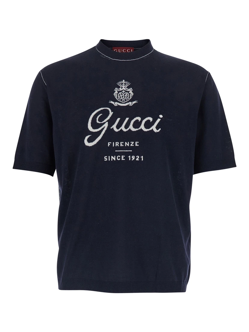 Blue Round Neck Sweater with Logo Lettering on the Front in Wool for Men