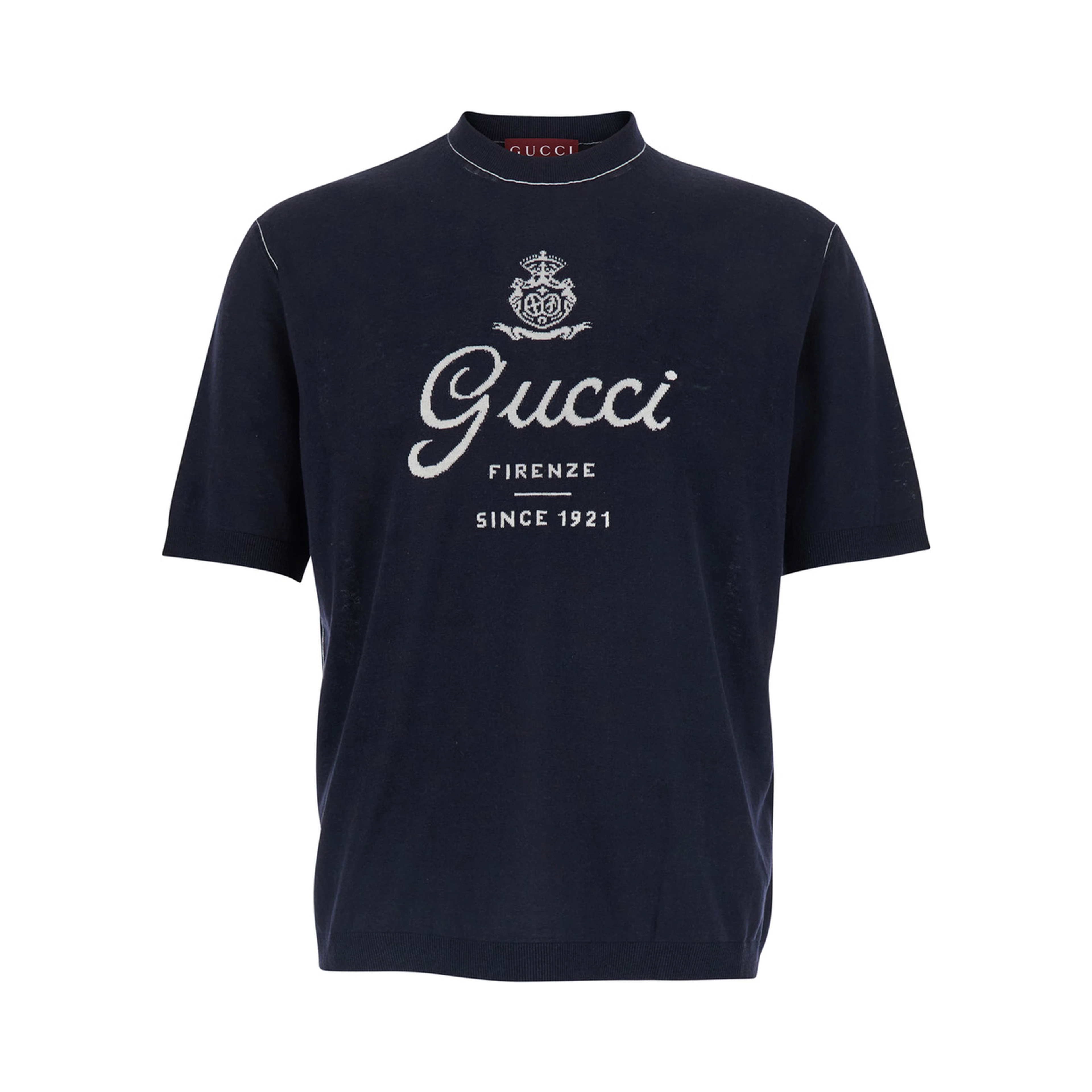 Blue Round Neck Sweater with Logo Lettering on the Front in Wool for Men