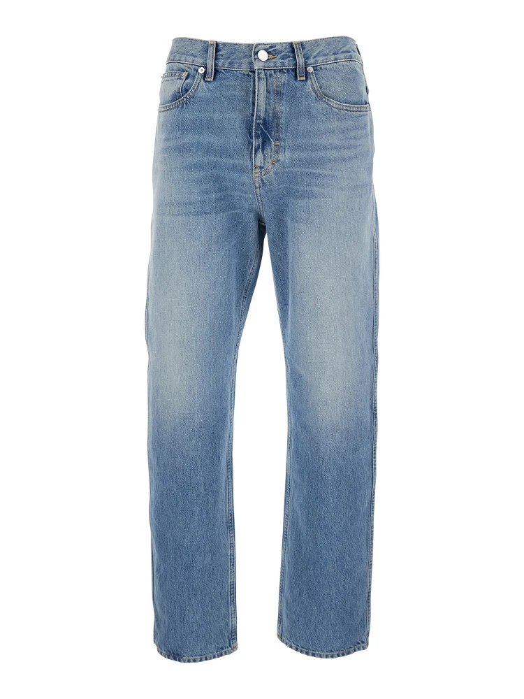 Light Blue Denim Jeans with Logo Patch on the Back and Belt Loops for Men