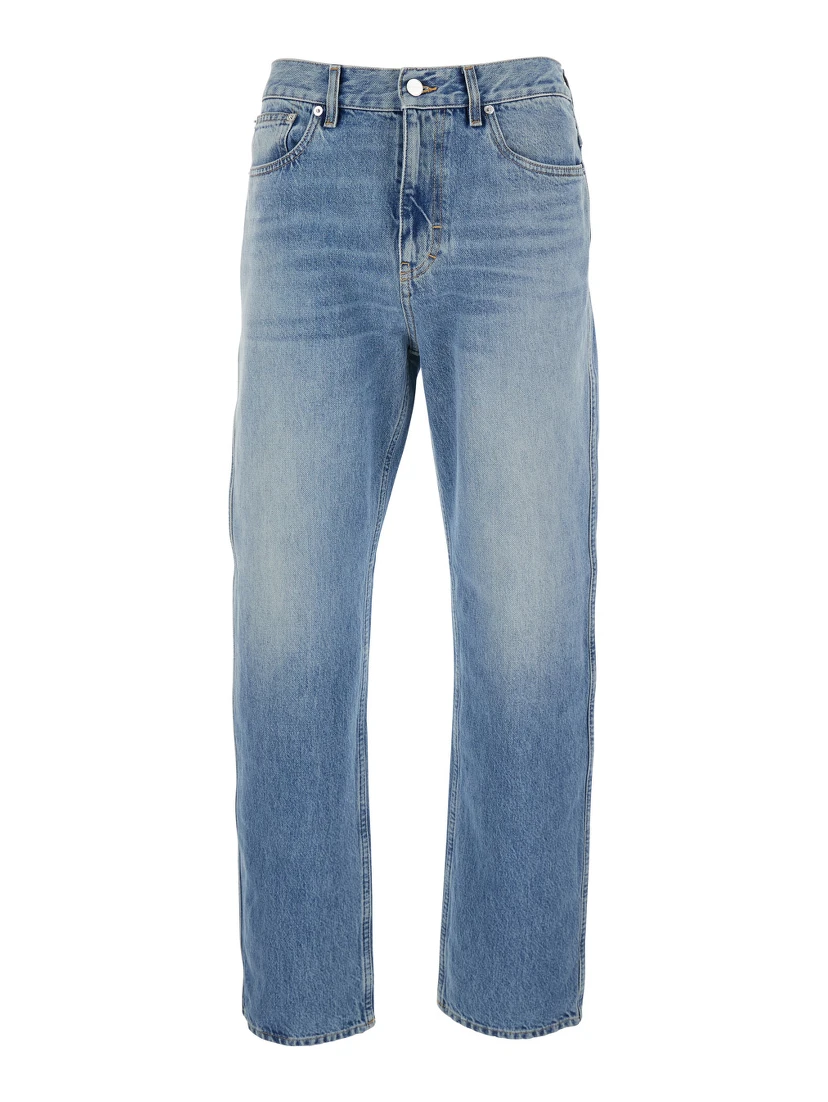 Light Blue Denim Jeans with Logo Patch on the Back and Belt Loops for Men