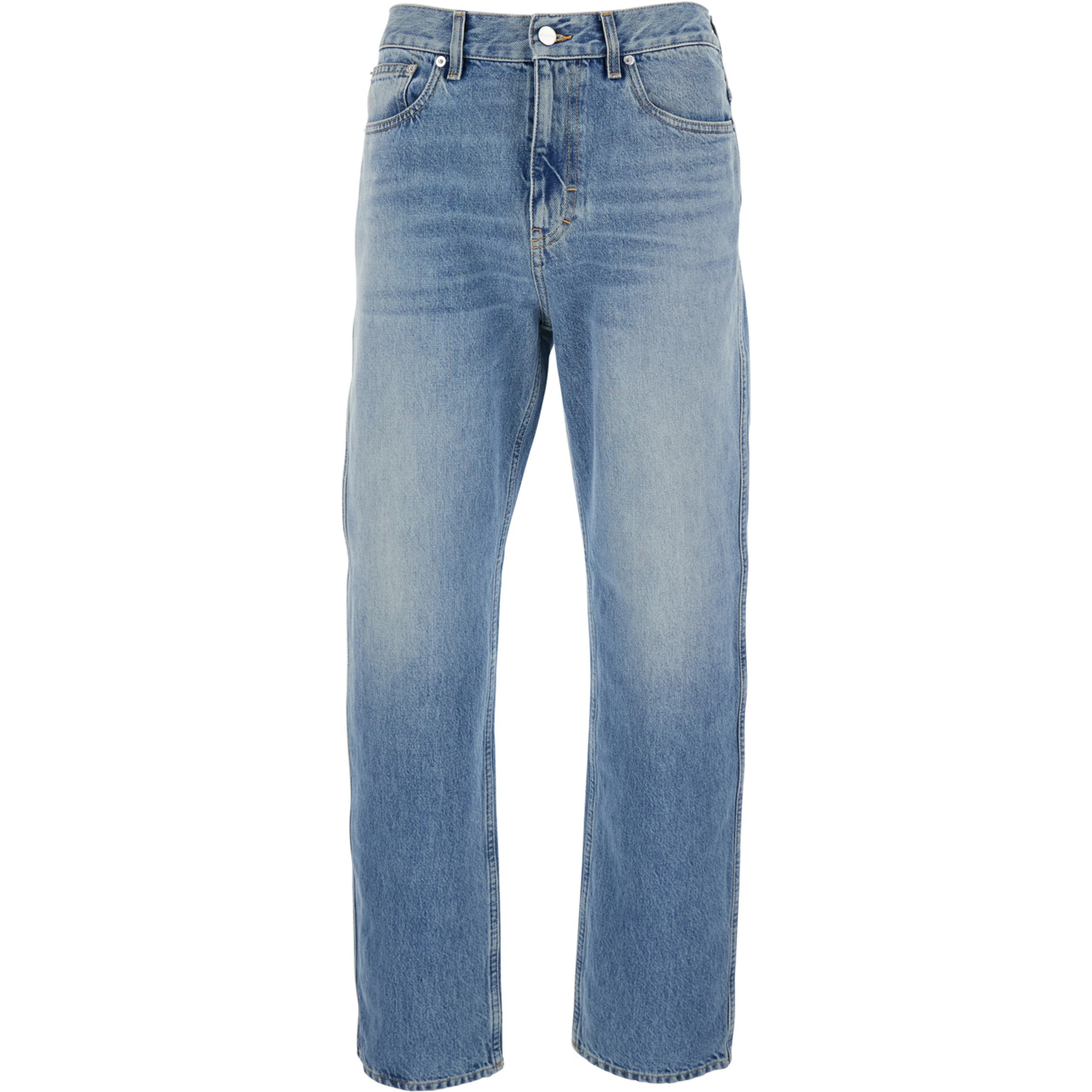 Light Blue Denim Jeans with Logo Patch on the Back and Belt Loops for Men
