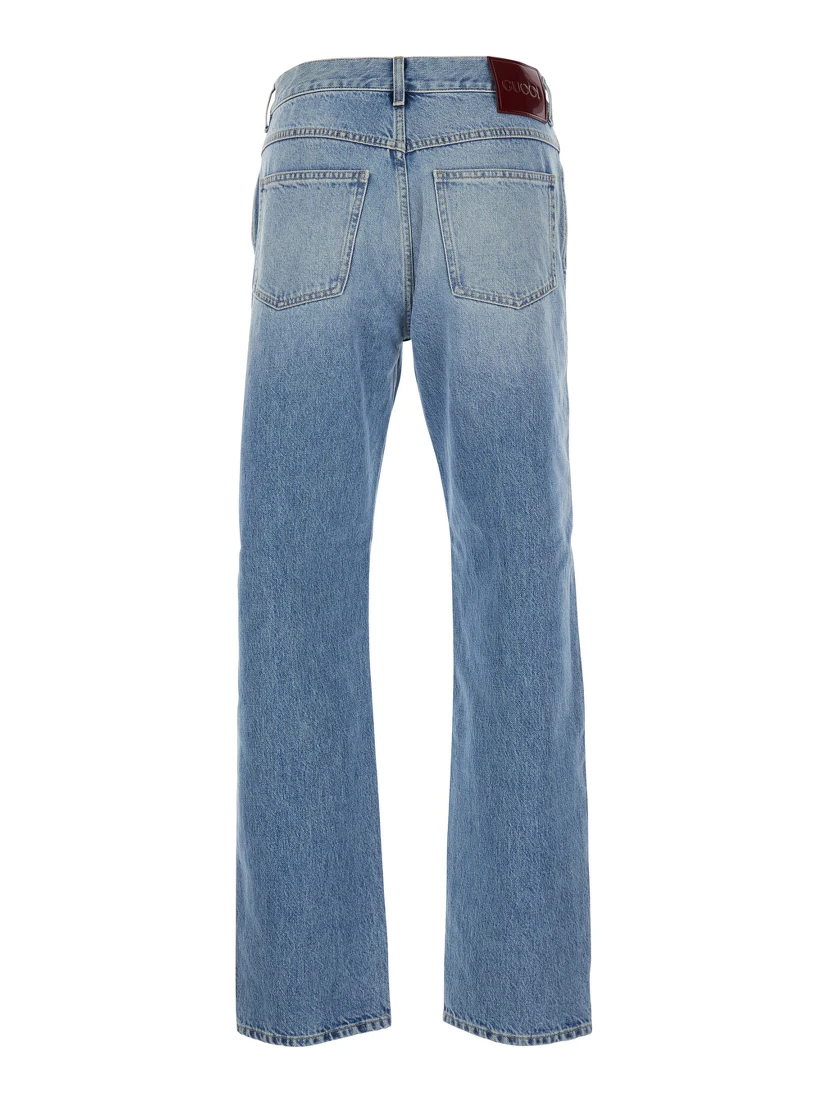 Light Blue Denim Jeans with Logo Patch on the Back and Belt Loops for Men
