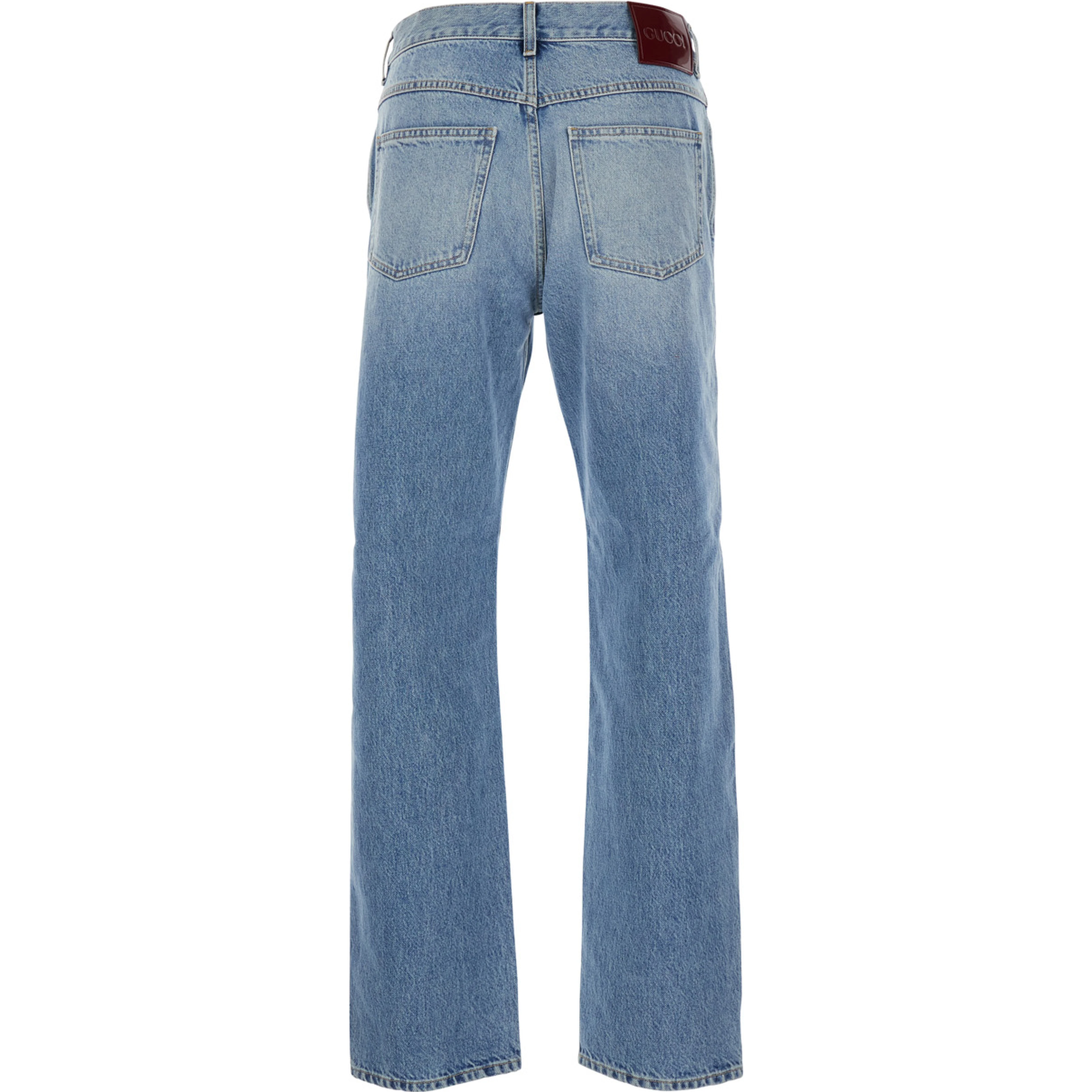 Light Blue Denim Jeans with Logo Patch on the Back and Belt Loops for Men
