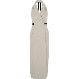 Beige Dress with notched revers and open back in Blend Cotton and Virgin Wool Woman