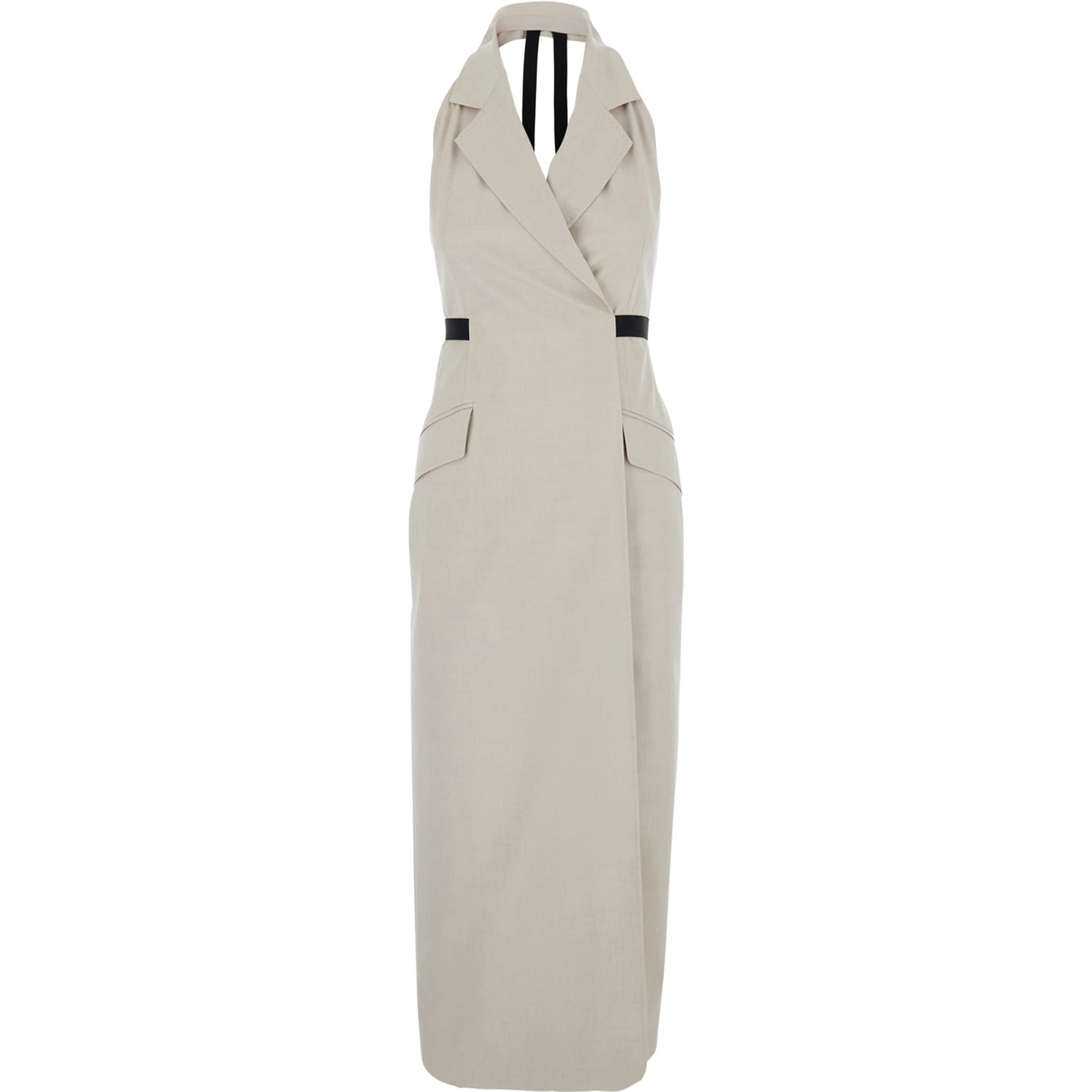 Beige Dress with notched revers and open back in Blend Cotton and Virgin Wool Woman