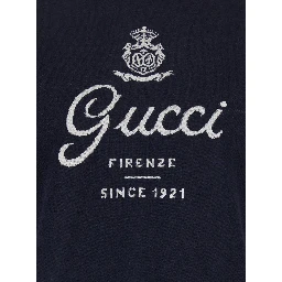 Blue Round Neck Sweater with Logo Lettering on the Front in Wool for Men