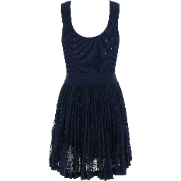Blue Dress with Elasticized Waist and Skirt with Lace Design in Tech Fabric Woman