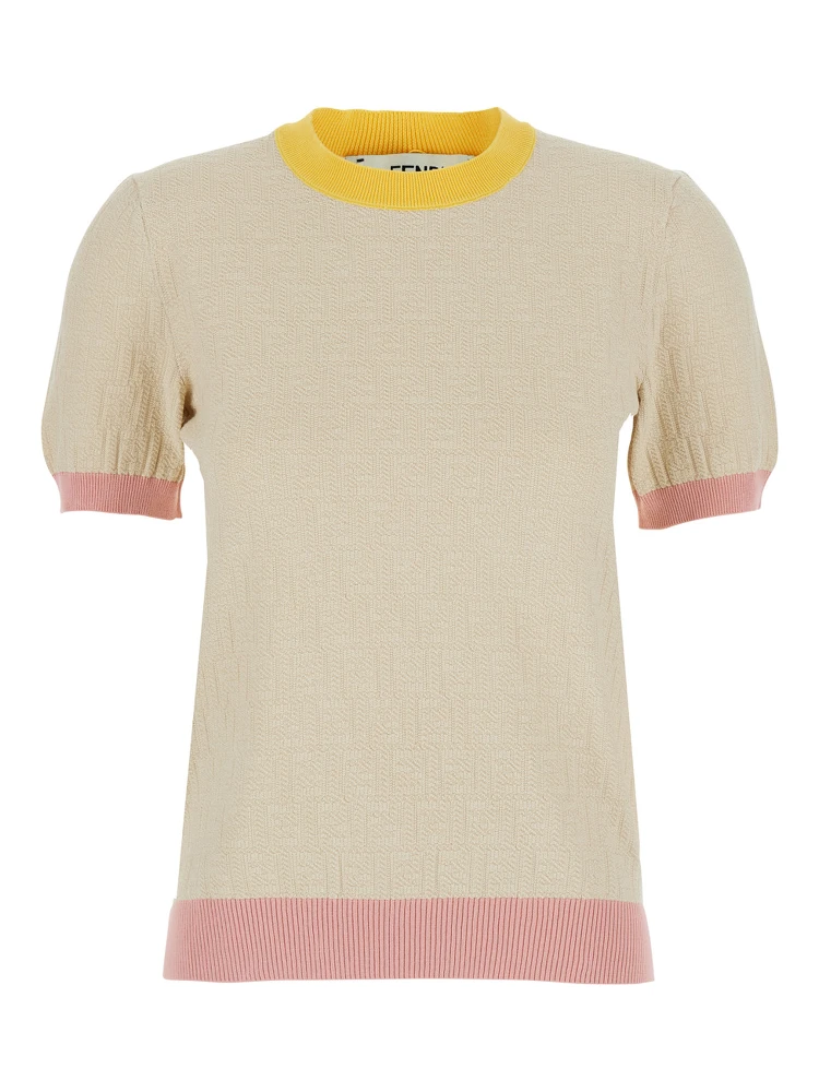 White T-Shirt COLOR BLOCK FF SHORT SLEEVES TEE with Fendi Logo in Cotton Women