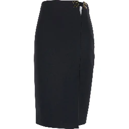 Black Midi Skirt with Side Vent and Cut-Out with Logo Plate in Tech Fabric for Women