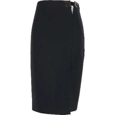 Black Midi Skirt with Side Vent and Cut-Out with Logo Plate in Tech Fabric for Women