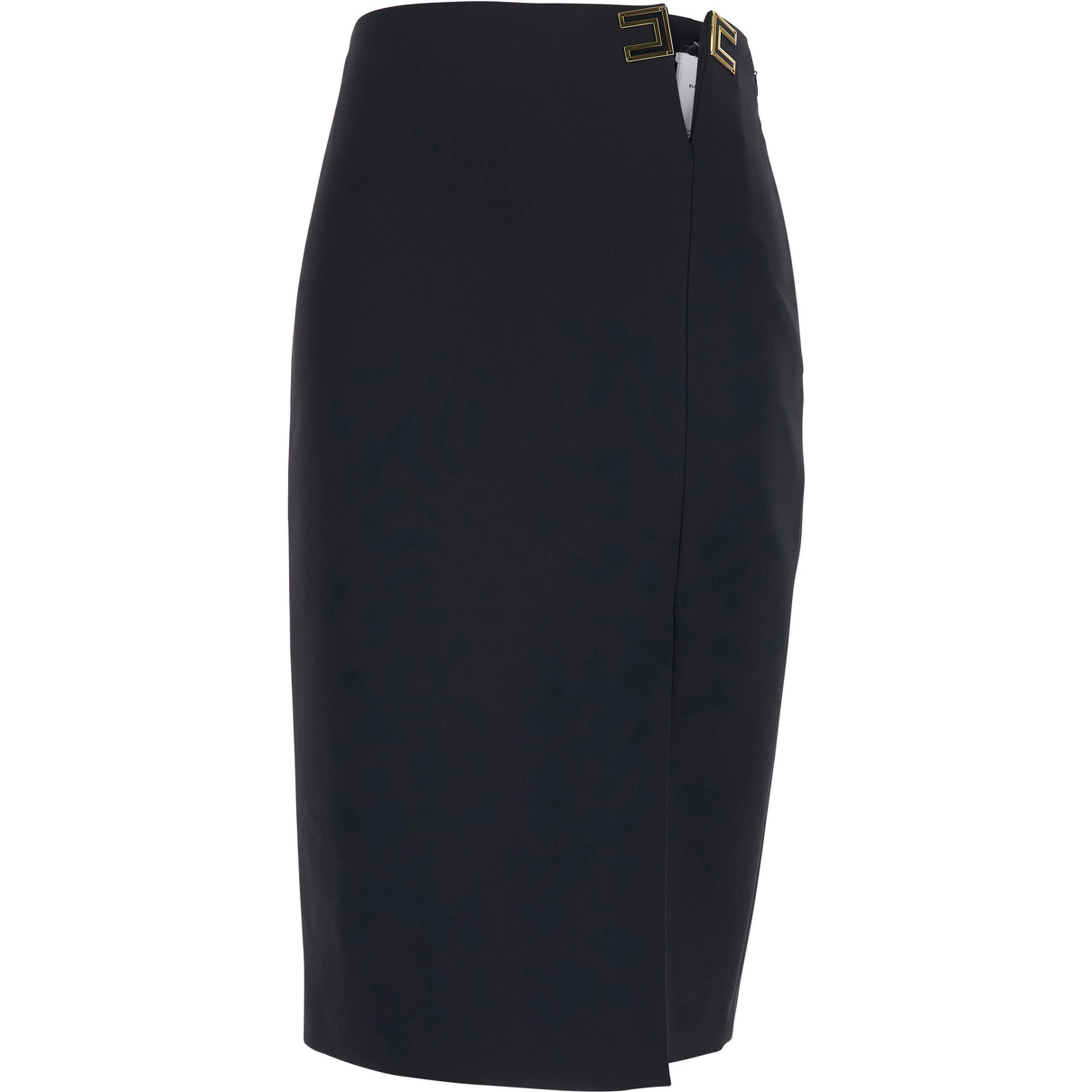 Black Midi Skirt with Side Vent and Cut-Out with Logo Plate in Tech Fabric for Women