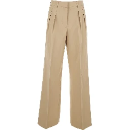Michaela Beige Pants with Logo Patch on the Side and Pleats on the Front in Womens Cotton Blend