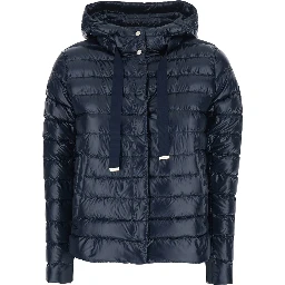 Blue Hooded Puffer Jacket with Drawstring and Logo Detail on Drawstring in Tech Fabric for Women