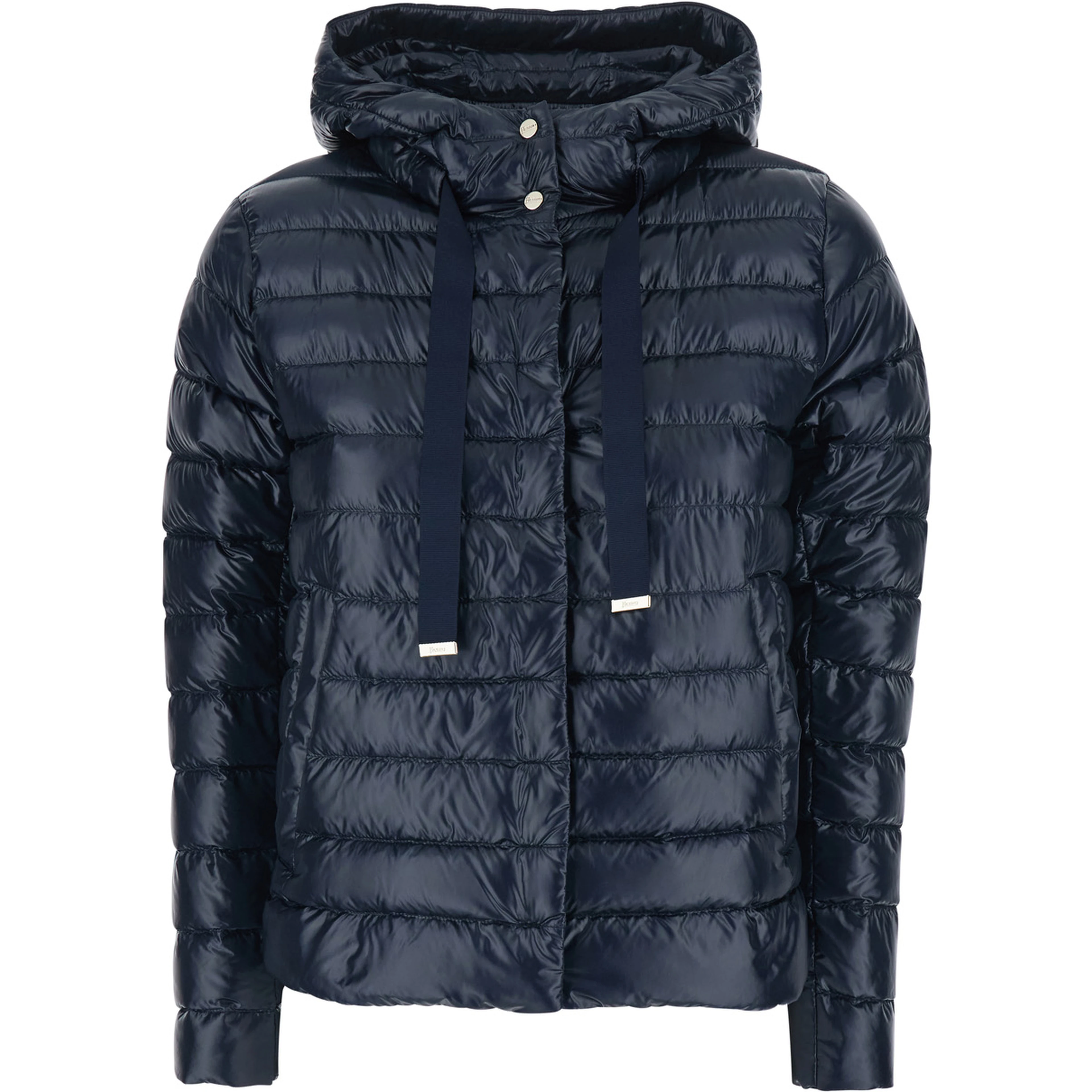 Blue Hooded Puffer Jacket with Drawstring and Logo Detail on Drawstring in Tech Fabric for Women