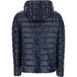 Blue Hooded Puffer Jacket with Drawstring and Logo Detail on Drawstring in Tech Fabric for Women