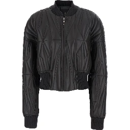 Rick Owens X Moncler Bomber Jacket Quilted with Logo Patch on Brown Leather Sleeve Unisex