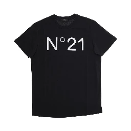 Crew Neck T-Shirt with Maxi Logo Print in Black Cotton Girl