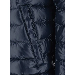 Blue Hooded Puffer Jacket with Drawstring and Logo Detail on Drawstring in Tech Fabric for Women