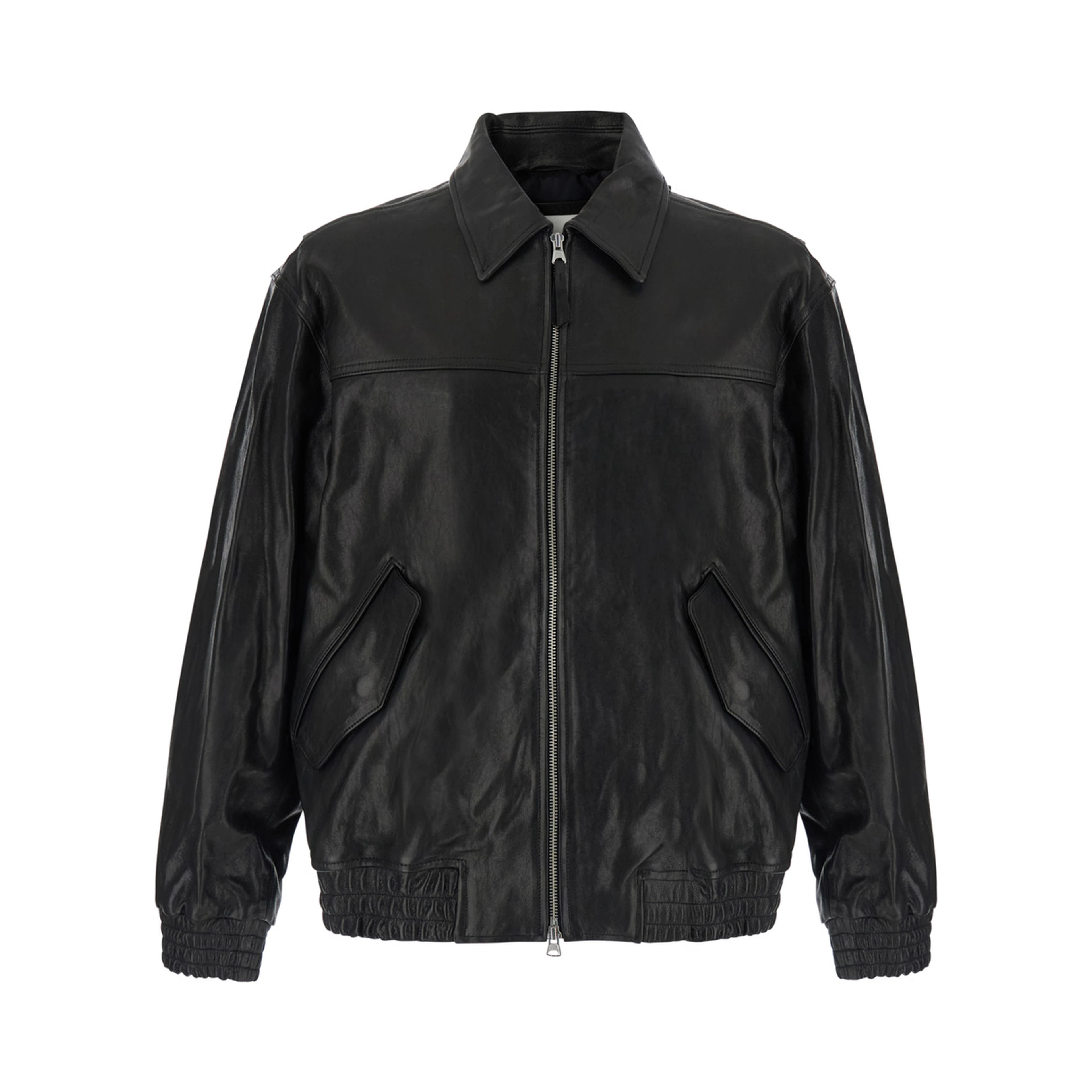 Refined leather jacket with collar and long sleeves in 100% black lamb unisex