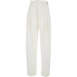 White Pants with Tapered Leg and Matching Waist Belt in Cotton for Women