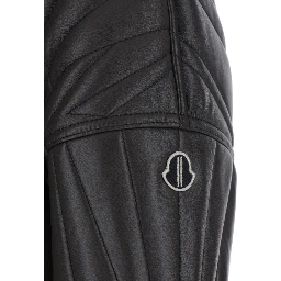 Rick Owens X Moncler Bomber Jacket Quilted with Logo Patch on Brown Leather Sleeve Unisex