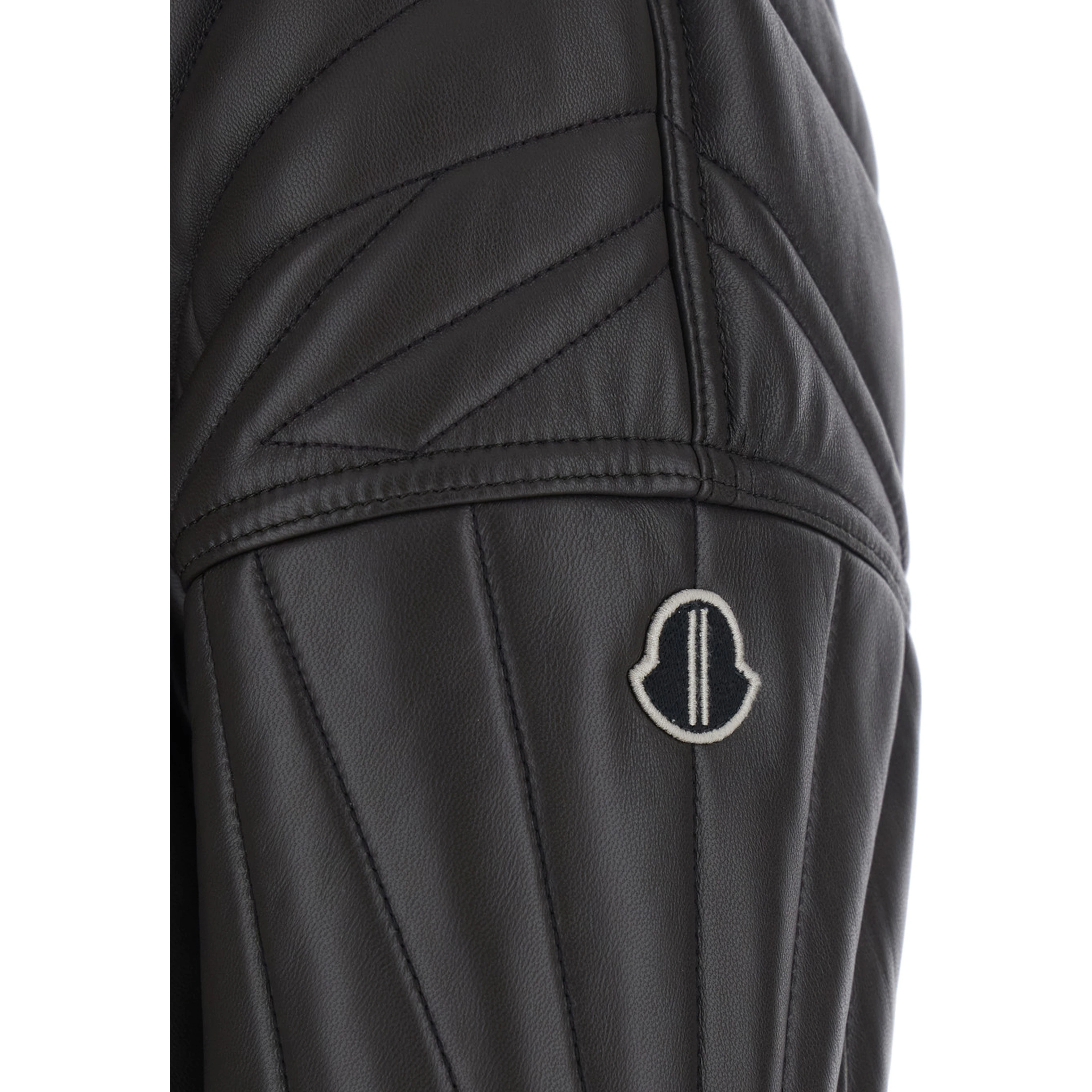 Rick Owens X Moncler Bomber Jacket Quilted with Logo Patch on Brown Leather Sleeve Unisex
