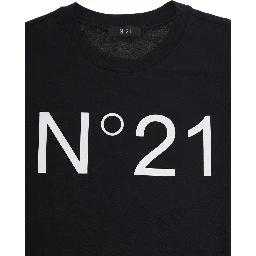 Crew Neck T-Shirt with Maxi Logo Print in Black Cotton Girl