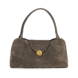 Vivian East West Brown Shoulder Bag with Clasp Closure and Medusa Plaque in  Suede for Women