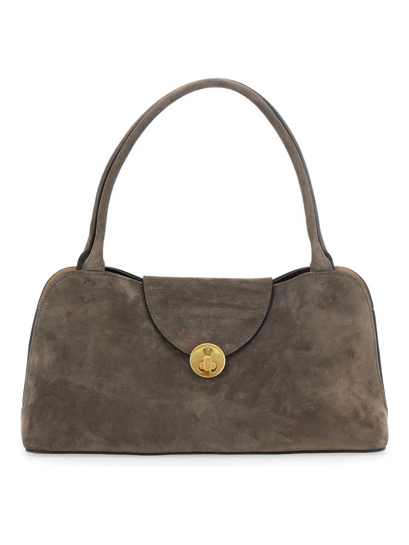 Vivian East West Brown Shoulder Bag with Clasp Closure and Medusa Plaque in  Suede for Women