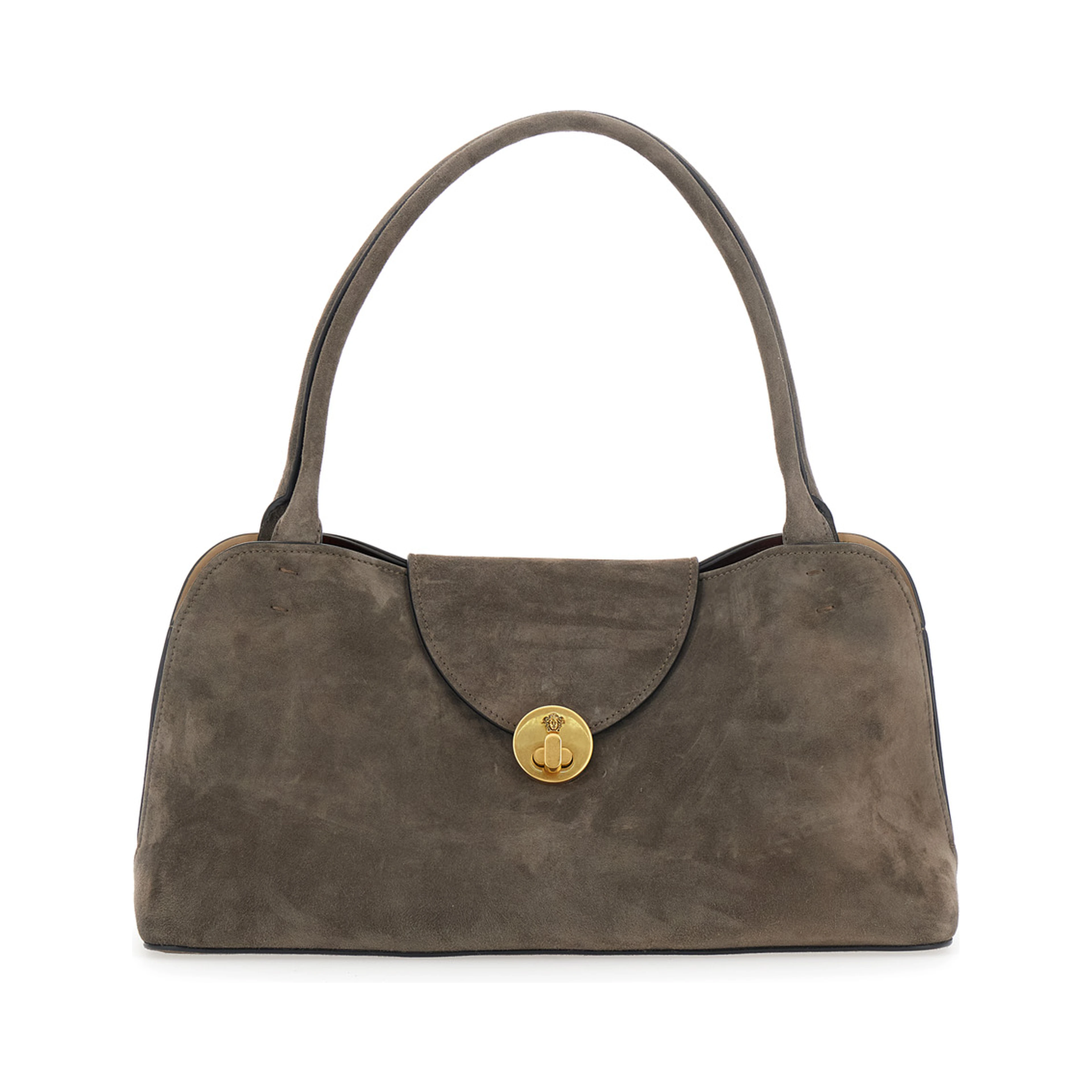 Vivian East West Brown Shoulder Bag with Clasp Closure and Medusa Plaque in  Suede for Women