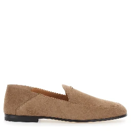 Beige Loafers with logo lettering plate on the front in suede for women
