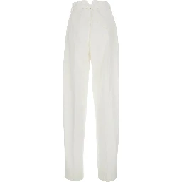 White Pants with Tapered Leg and Matching Waist Belt in Cotton for Women