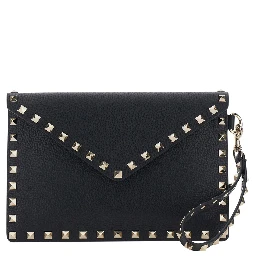 Black Clutch with removable wrist strap and Rockstud decoration in leather for women