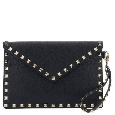Black Clutch with removable wrist strap and Rockstud decoration in leather for women
