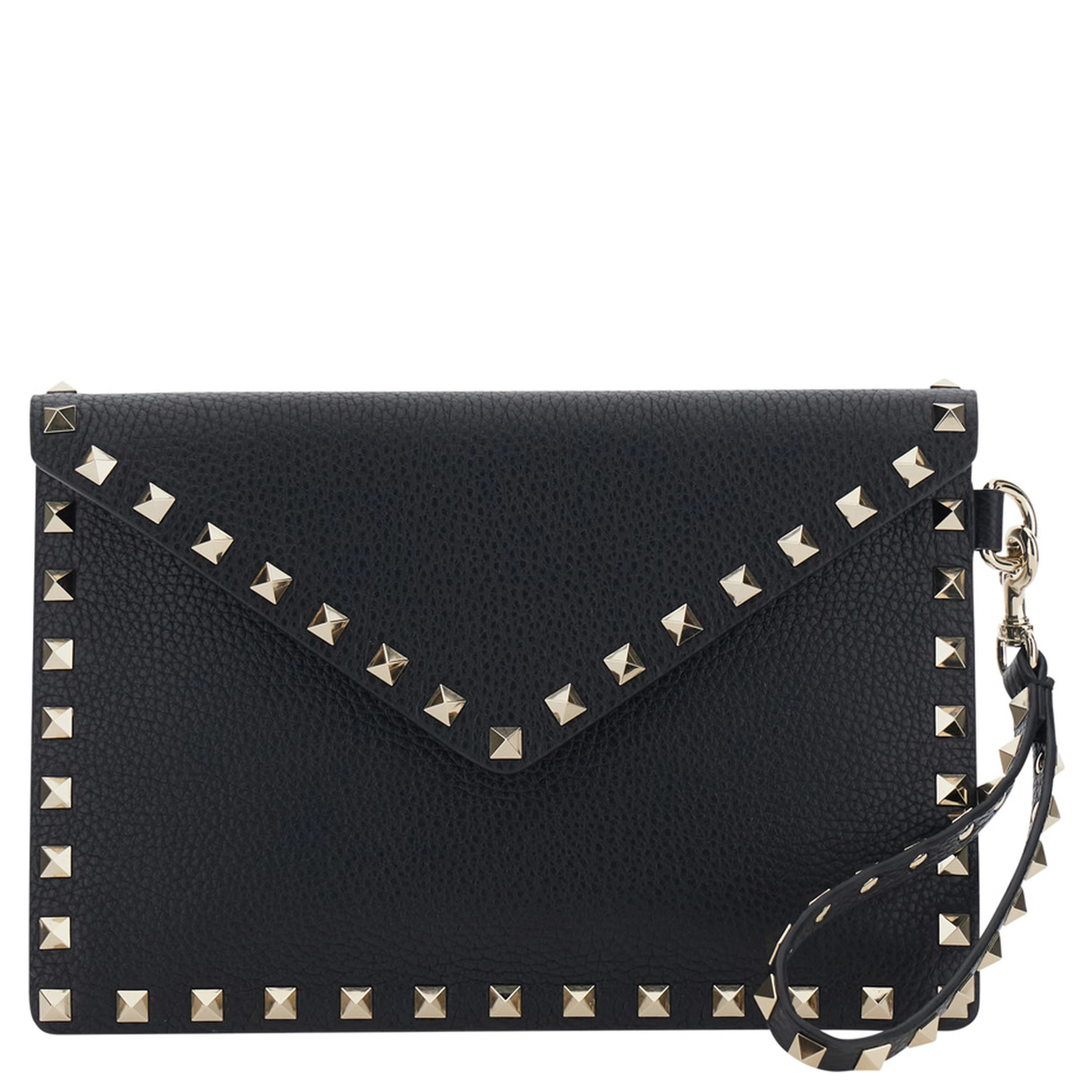 Black Clutch with removable wrist strap and Rockstud decoration in leather for women
