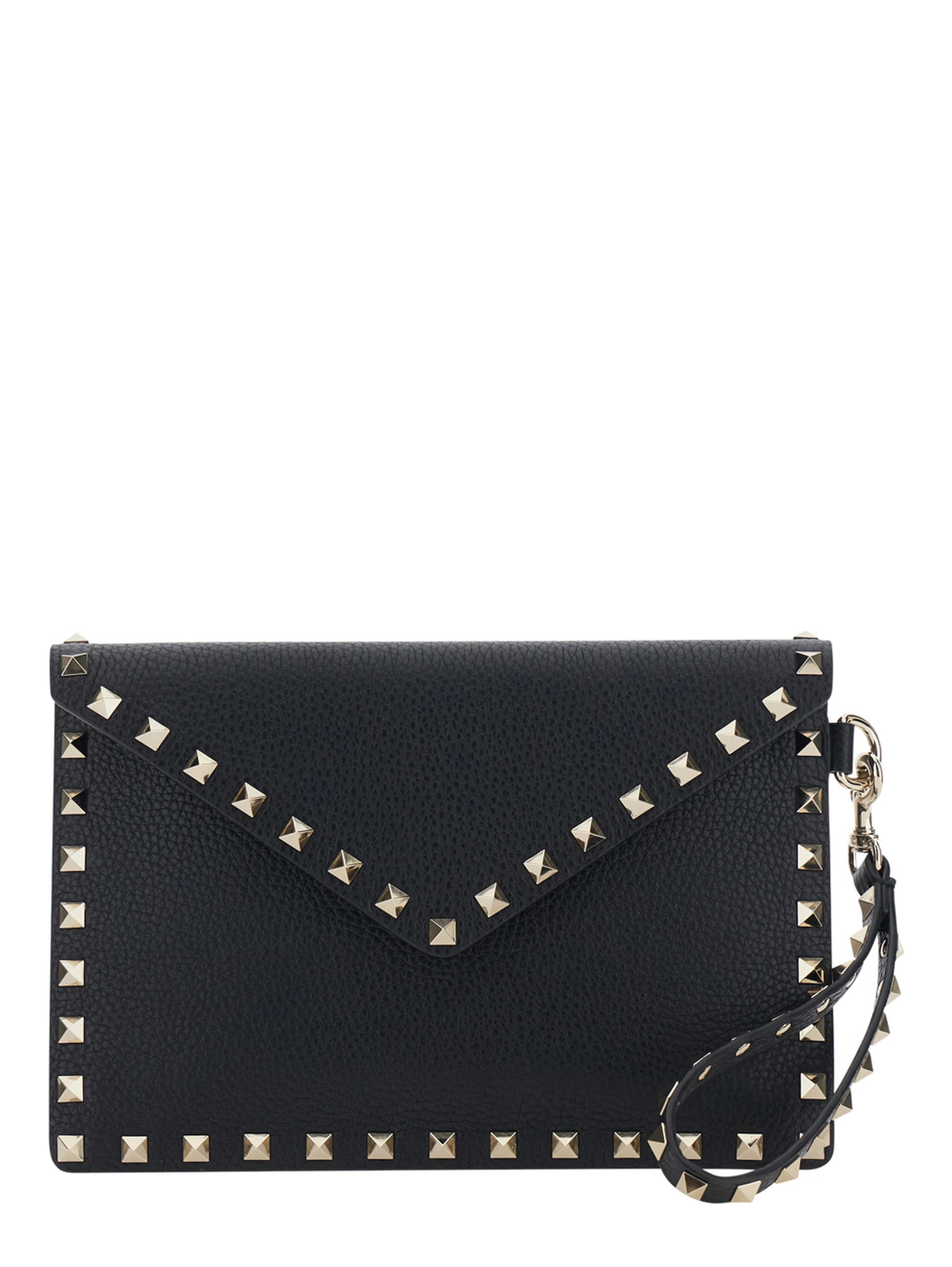 Black Clutch with removable wrist strap and Rockstud decoration in leather for women