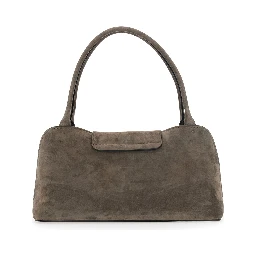 Vivian East West Brown Shoulder Bag with Clasp Closure and Medusa Plaque in  Suede for Women