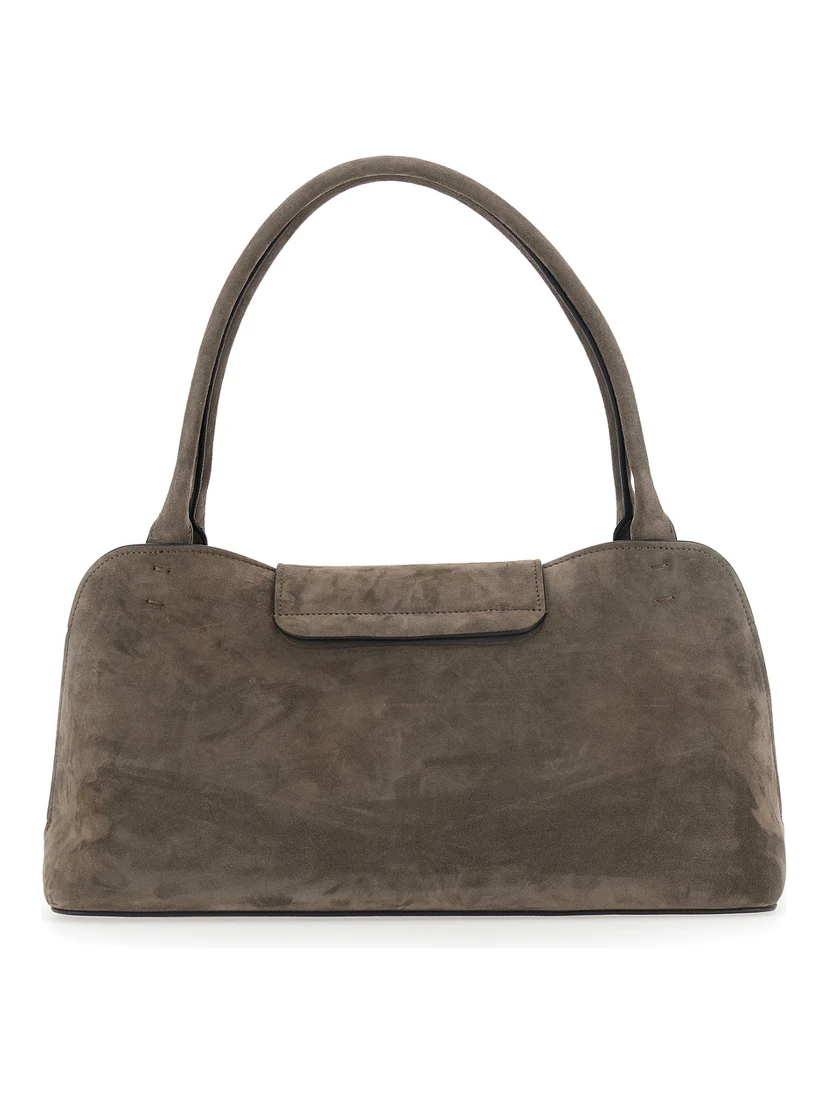 Vivian East West Brown Shoulder Bag with Clasp Closure and Medusa Plaque in  Suede for Women