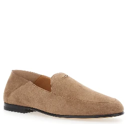 Beige Loafers with logo lettering plate on the front in suede for women