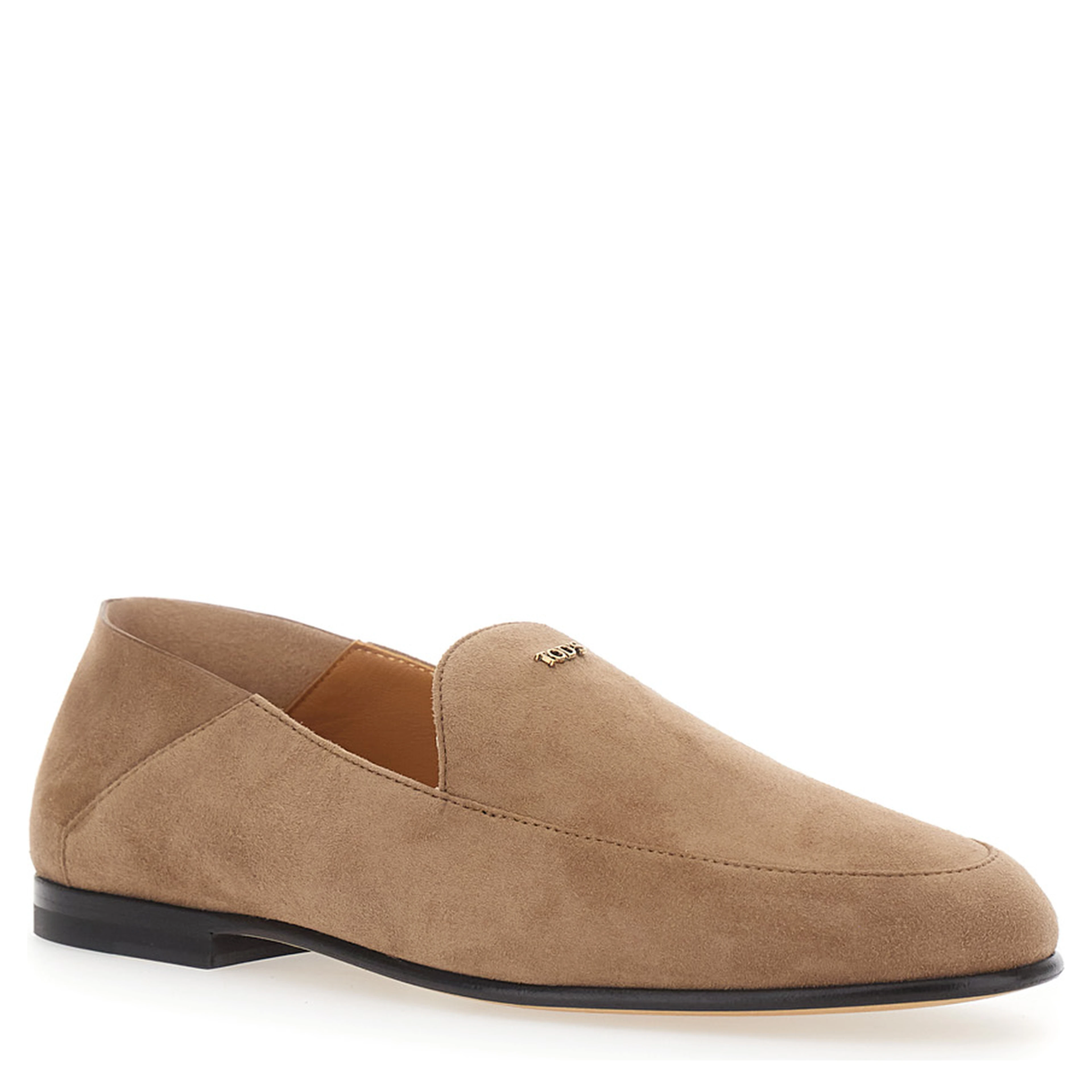 Beige Loafers with logo lettering plate on the front in suede for women
