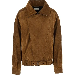 Brown Jacket with classic collar and buckled belt in suede for women