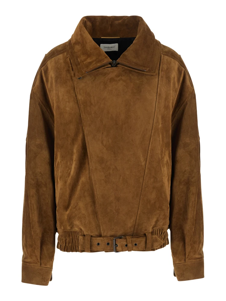 Brown Jacket with classic collar and buckled belt in suede for women
