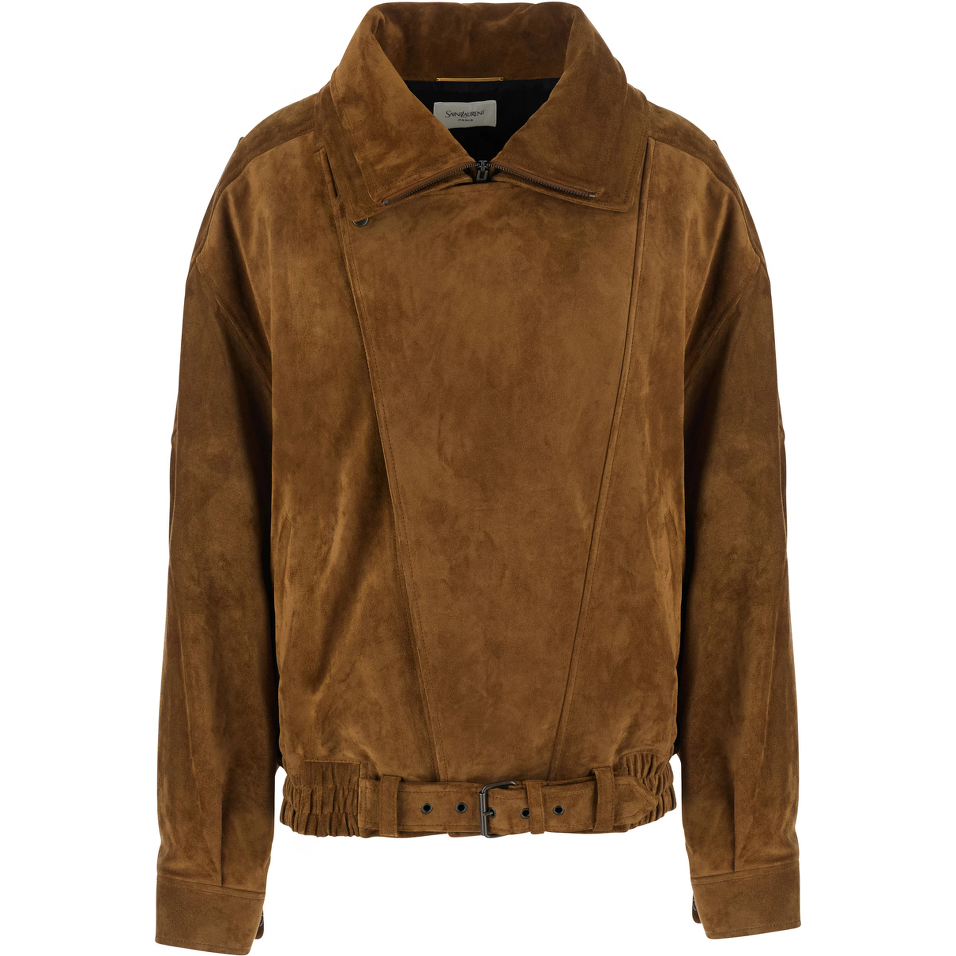 Brown Jacket with classic collar and buckled belt in suede for women