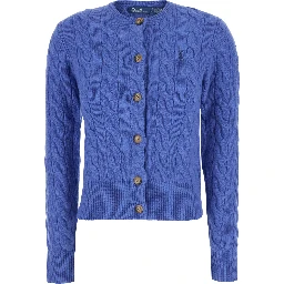 Blue Crew neck cardigan with cable knit and Pony on the front in wool and cashmere for women