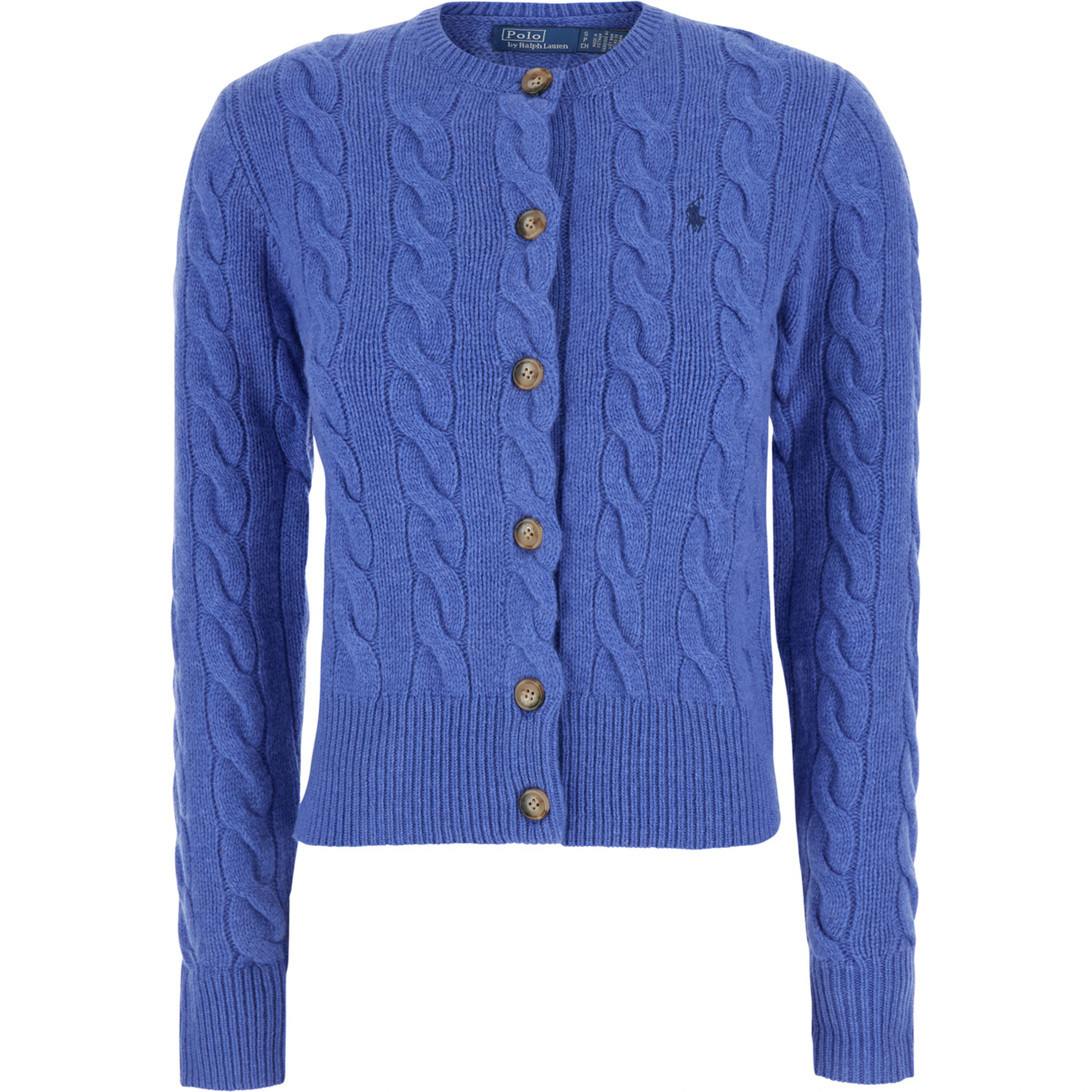 Blue Crew neck cardigan with cable knit and Pony on the front in wool and cashmere for women