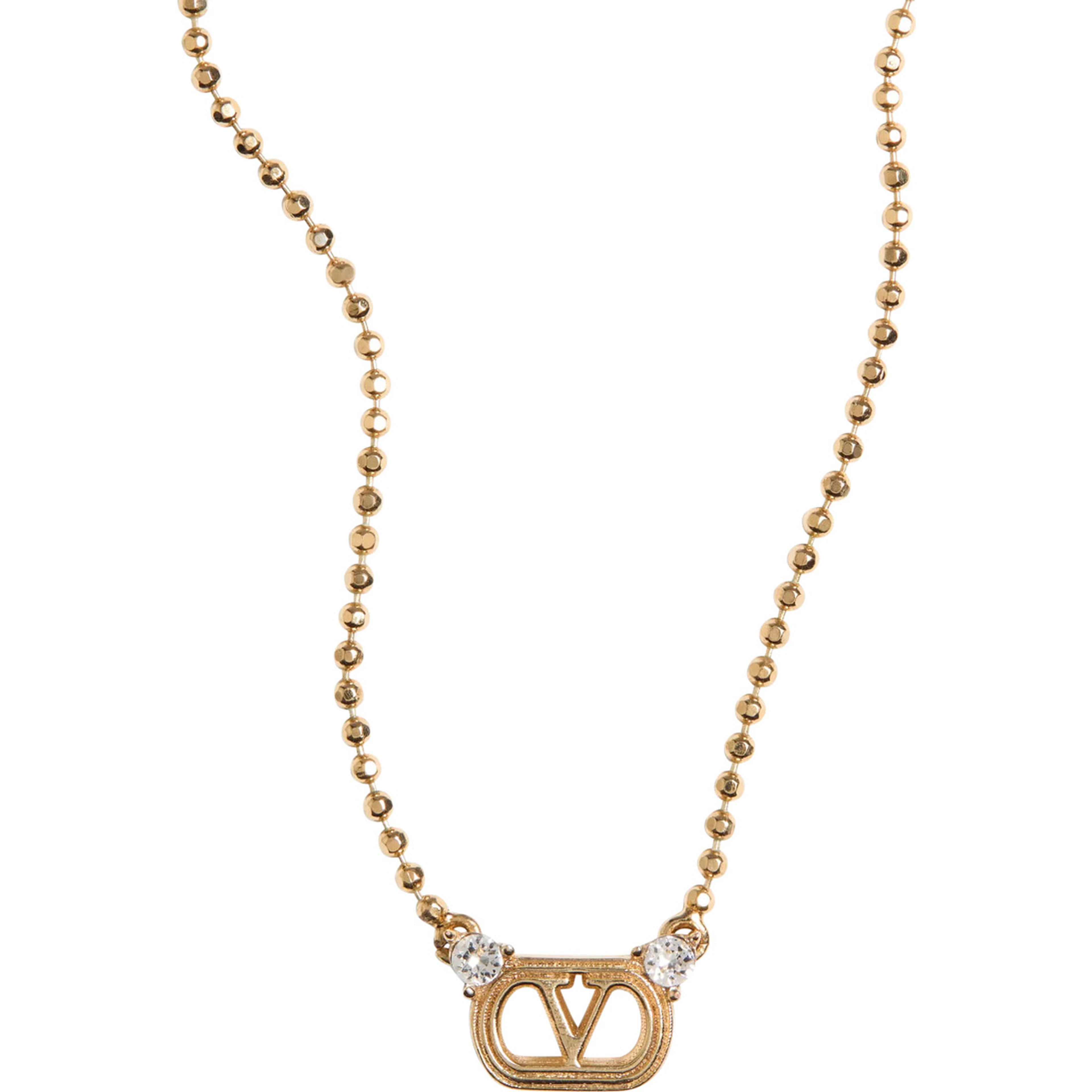 metallic colored Necklace with Vlogo plaque and applied rhinestones in brass for women