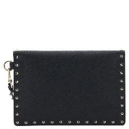 Black Clutch with removable wrist strap and Rockstud decoration in leather for women