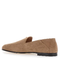 Beige Loafers with logo lettering plate on the front in suede for women