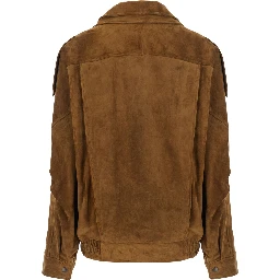 Brown Jacket with classic collar and buckled belt in suede for women